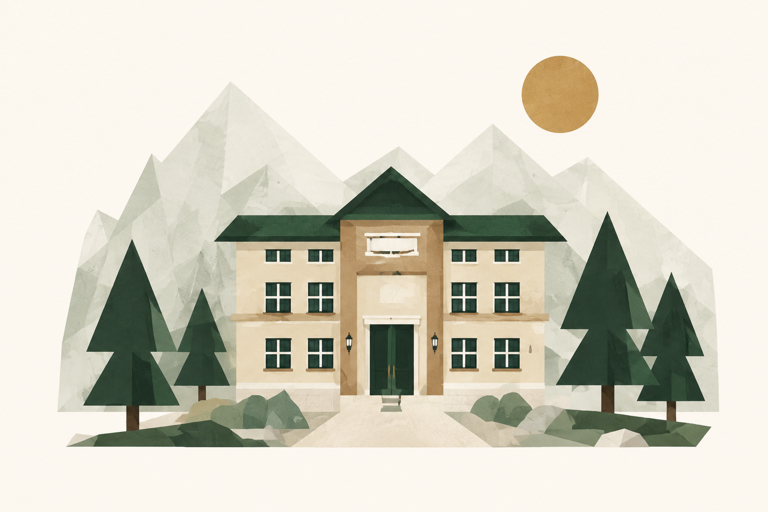A small hotel nestled among evergreen trees